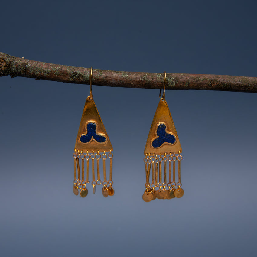 Brass & Lapis Lazuli Earrings with Dangling Accents