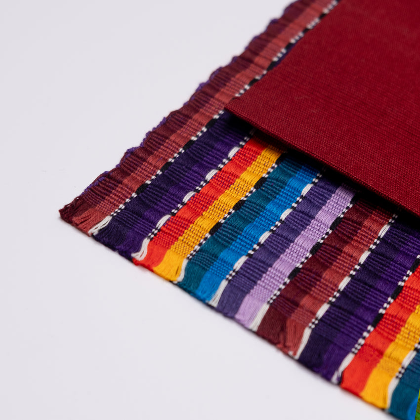 Multicolor Striped Guatemalan Placemat and Burgundy Napkin Set