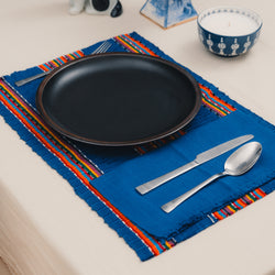 Blue and Mutlicolor Striped Guatemalan Placemat and Blue Napkin Set