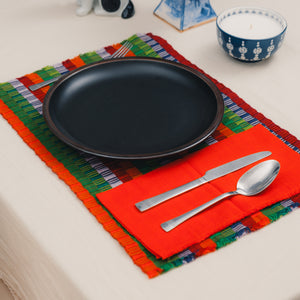 Multicolor Striped Guatemalan Placemat and Orange Napkin Set