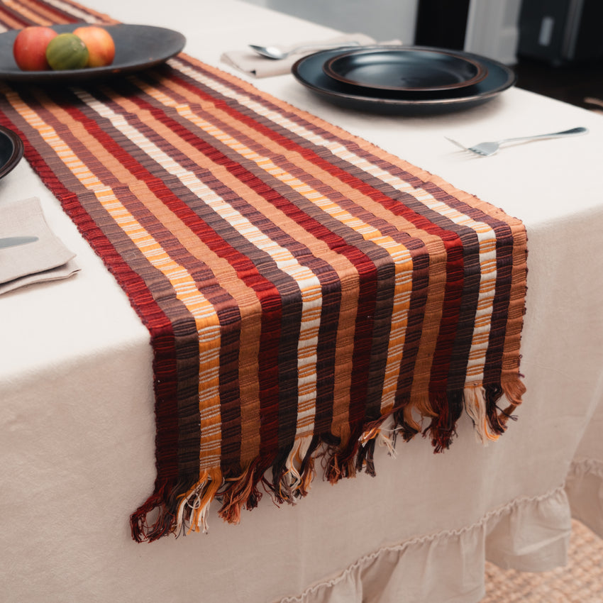 Brown, Burgundy, and Gold Striped Guatemalan Table Runner