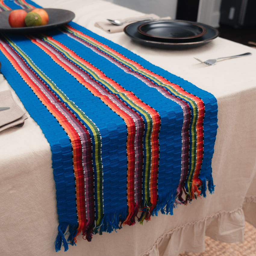 Blue with Multicolor Striped Guatemalan Table Runner